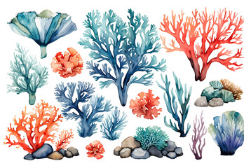 Set of watercolor seaweed and corals isolated on transparent background - obrazy, fototapety, plakaty