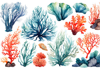 Set of watercolor seaweed and corals isolated on transparent background