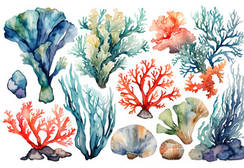 Set of watercolor seaweed and corals isolated on transparent background