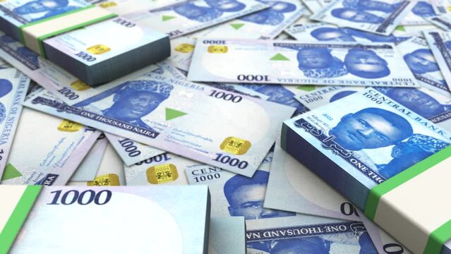 3D Animation of camera spinning 360 degrees over a lot of Nigerian naira notes. Camera rotating over bank notes