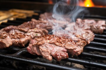 close up view of bulgogi beef grilling over charcoals