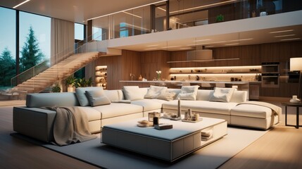 Interior large luxury living room and kitchen design.