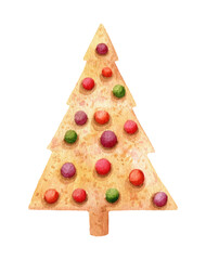 Watercolor illustration of Christmas tree gingerbread cookies with round candies.