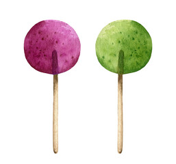 Watercolor illustration of two bright tasty lollipops.