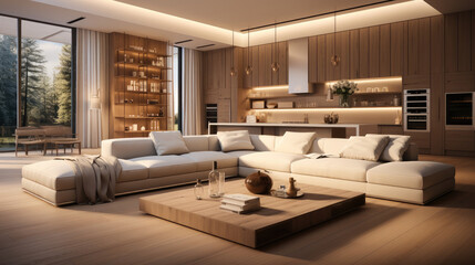 Interior large luxury living room and kitchen design.