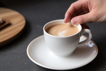 Fototapeta na wymiar hand placing a saucer with a spoon next to a latte