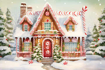 Create a charming watercolor of a gingerbread house adorned with candy canes, gumdrops, and icing,Add details like snow and a festive background