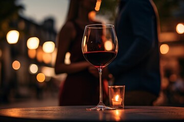 a glass of red wine delicately set on a bistro table, while a romantic couple subtly out of focus shares a dance under the warm streetlight