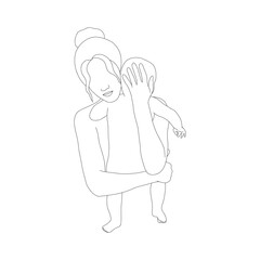 Mother and baby in linear style. Woman holding her newborn child. One line art. Minimalistic vector illustration. Abstract family silhouette.