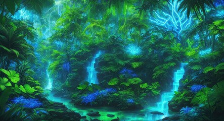 Fototapeta na wymiar Electric Rainforest Oasis Green and Blue Neon Magic Amid Exotic Leaves.