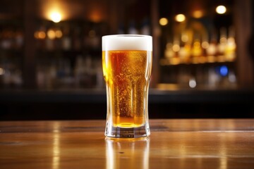 glass of light lager on a wooden bar counter