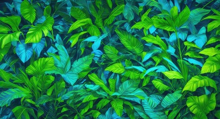 Tropical Paradise Neon Elegance in Green and Blue Amidst Lush Leaves
