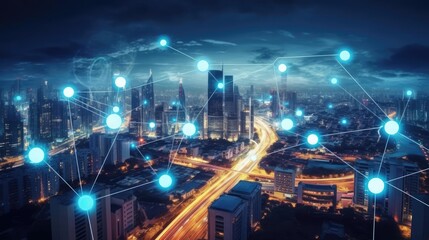 smart city and network connectivity with city street and buildings - obrazy, fototapety, plakaty