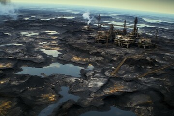An aerial photograph of a petroleum oil mining site in Athabasca with tar sands. Generative AI