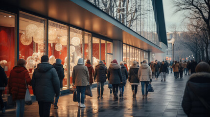 People entering a shopping centre on the day of the winter sales.