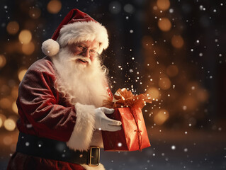 Santa Claus in glasses stands on the street laughing and smiling with a gift in his hands and dreams, snowflakes are flying around and it is snowing.