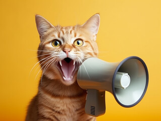 A funny ginger cat holds a yellow loudspeaker in its paws and screams on a yellow background - creative idea. Business and management concept. Increased traffic, advertising and attention