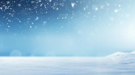 Foto op Plexiglas Winter snow background with snowdrifts, with beautiful light and snow flakes on the blue sky in the evening, banner format, copy space. © Oulailux
