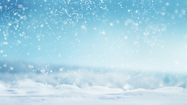 Winter snow background with snowdrifts, with beautiful light and snow flakes on the blue sky in the evening, banner format, copy space.
