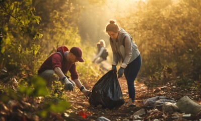 group of people comes together in nature to collect trash, demonstrating their commitment to conserving and protecting the natural environment - obrazy, fototapety, plakaty