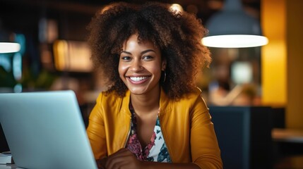 a young black woman smiling at a laptop computer in an office