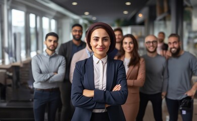 confident Muslim female leader, adorned in a hijab, stands proudly at the forefront of her diverse and dedicated business team, symbolizing empowerment, inclusivity, and effective leadership