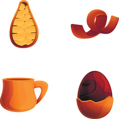 Hot chocolate icons set cartoon vector. Hot chocolate cup and cocoa pod. Cocoa beverage