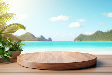 Fototapeta na wymiar Empty wooden round podium on wooden floor with sea, island and beach background. High quality photo