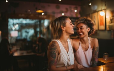 In a stylish and modern café, two LGBTQ women share a heartfelt moment, embracing their love and connection, celebrating diversity and acceptance in a welcoming urban environment