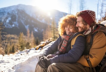 On a cold day atop the mountain, an attractive couple shares a warm embrace, surrounded by a snowy landscape, creating a beautiful and romantic scene in the heart of nature.