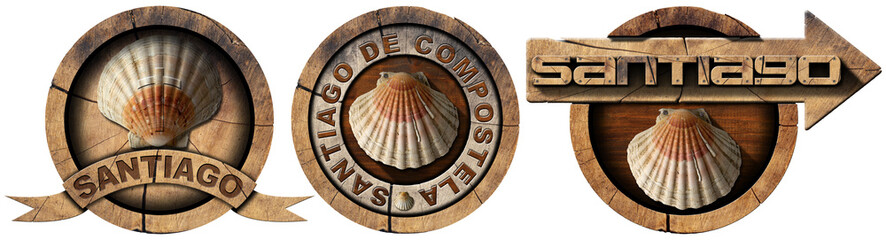 Camino De Santiago (Saint James), pilgrimage wooden symbols of Santiago de Compostela with seashells, isolated on white or transparent background, png.