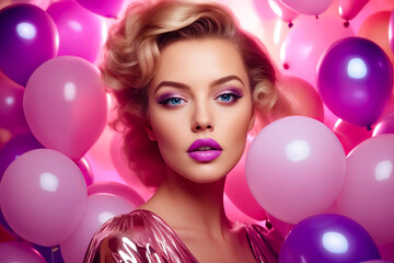 Fototapeta na wymiar Woman with purple lipstick and pink and purple balloons.