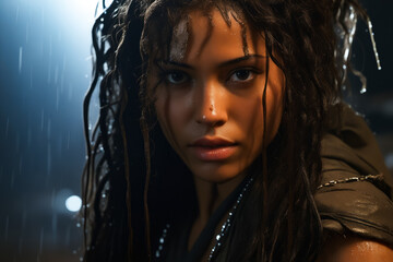 Woman with long hair and wet face with water droplets on her hair.