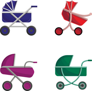Baby carriage icons set cartoon vector. Colorful stroller. Child transportation device