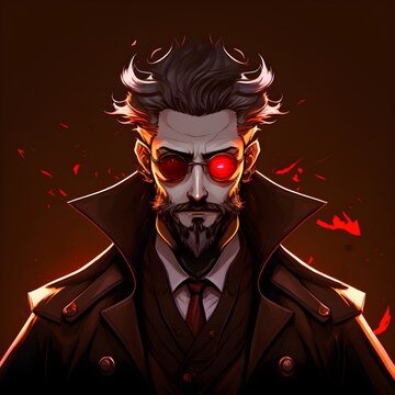 A Male Dark Wise Figure Long Coat Red Eyes Beard 50s Clothing 4k Anime Style 