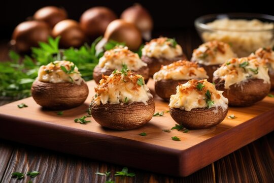 brown mushroom caps stuffed with asiago cheese on a wooden board