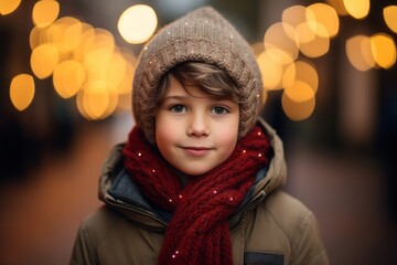 Portrait of a cute little boy in warm clothes and red scarf on the background of Christmas lights