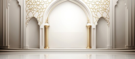 Arabic Islamic ornamental background with decorative arch frame in white and gold for Eid celebration - obrazy, fototapety, plakaty