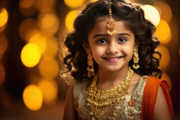 Cute indian little girl child in traditional wear and jewelery and smiling - obrazy, fototapety, plakaty