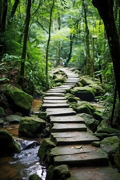 Wooden walkway in the green forest, beautiful photo digital picture, 