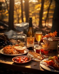 A fall picnic filled with delicious foods, refreshing drinks, and decorative pumpkins.