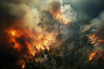 Fototapeta na wymiar Generative AI problem of forest fires, climate change and global warming. Aerial view. Destroyed trees and hectares of scorched earth in fire and smoke. Wildfire
