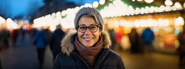 Lifestyle portrait of mature woman at downtown street night market with holiday lights and festive decoration - Powered by Adobe