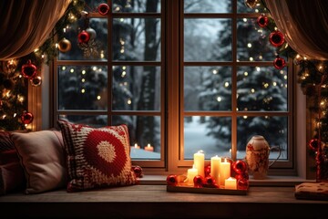 a living room view through a window, adorned with holiday decorations