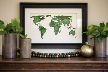 a framed picture of africa on a decorated mantle