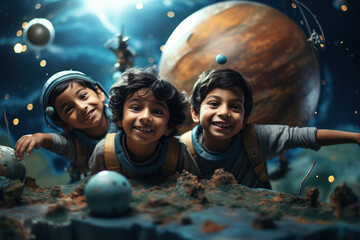 Children group playing with planet in galaxy. dream of astronaut.