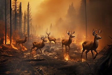 Generative AI problem of forest fires, climate change and global warming. Hell on earth. A herd of deer are trying to escape from the fire. Evacuation of wild animals. Wildfire.