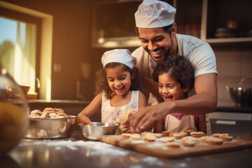Indian man making cookies with his lovely daughters at home - obrazy, fototapety, plakaty
