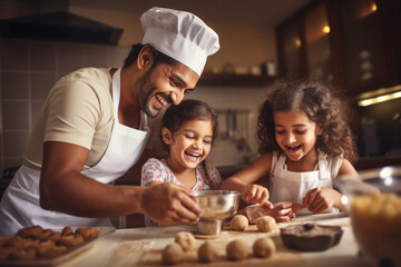 Indian man making cookies with his lovely daughters at home