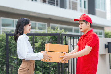 Asian people received product box from male delivery service person, modern e-commerce, home...